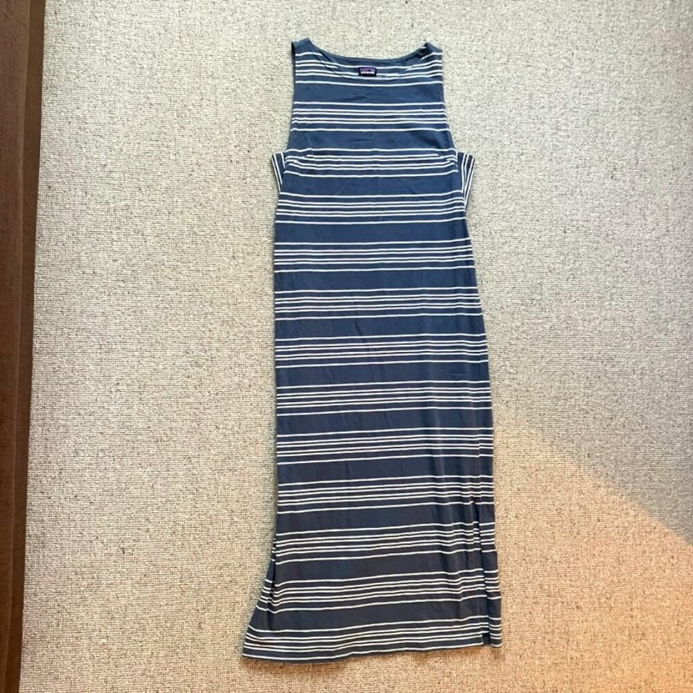 Patagonia Navy and White Striped Sleeveless Maxi Dress
